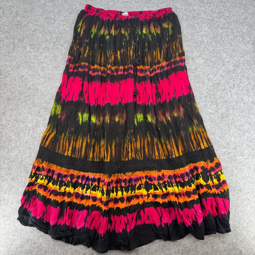 Bila Maxi Skirt Womens M Tie Dye Black Pink Orange Boho Crochet EUC